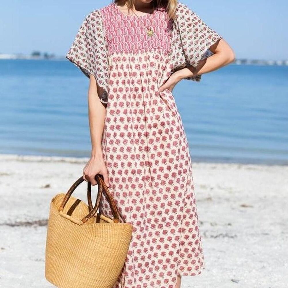 Emerson Fry India Collection Basalie Midi Dress Block Print Patchwork Rosey L